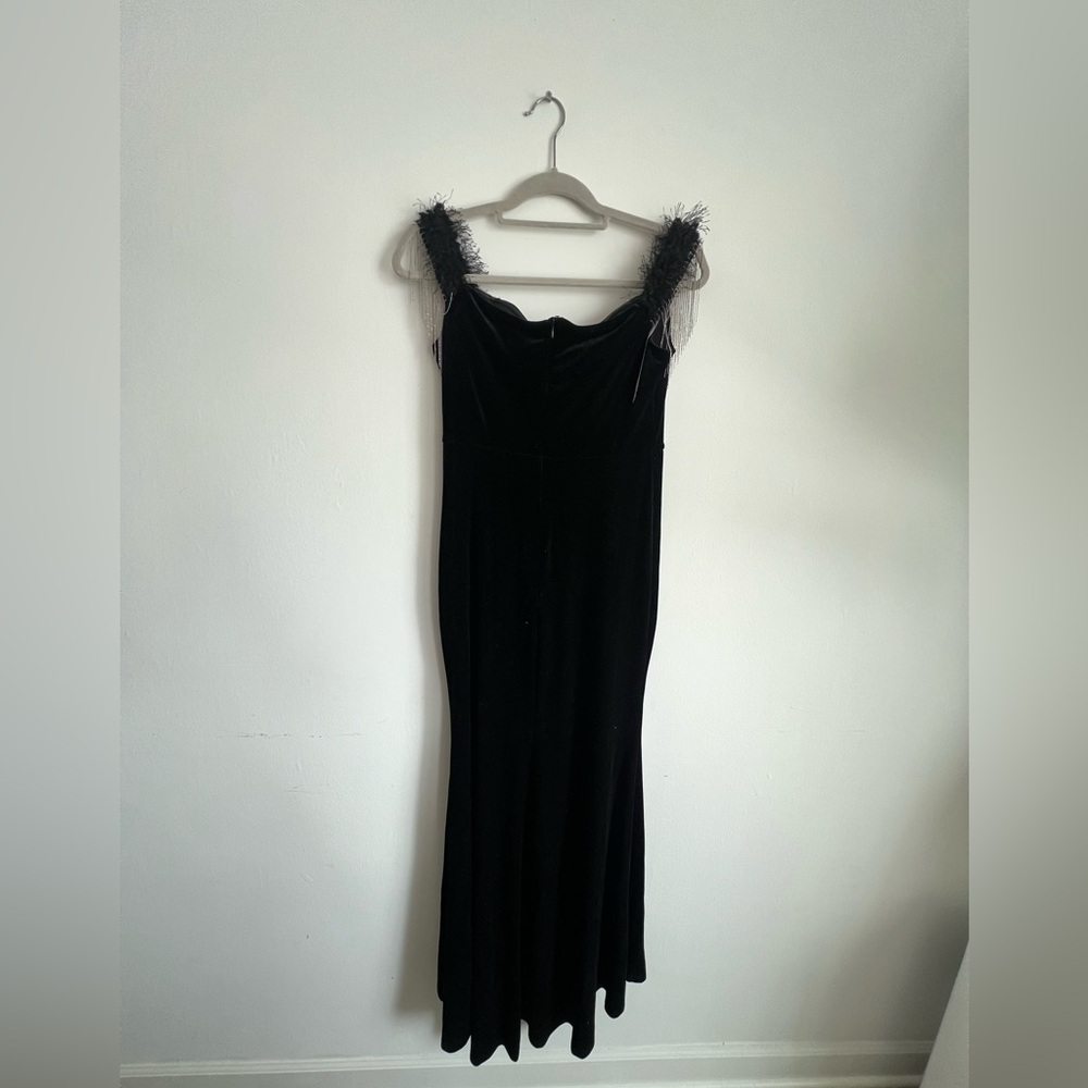 Elegant Black Velvet Dress with Feather Straps
